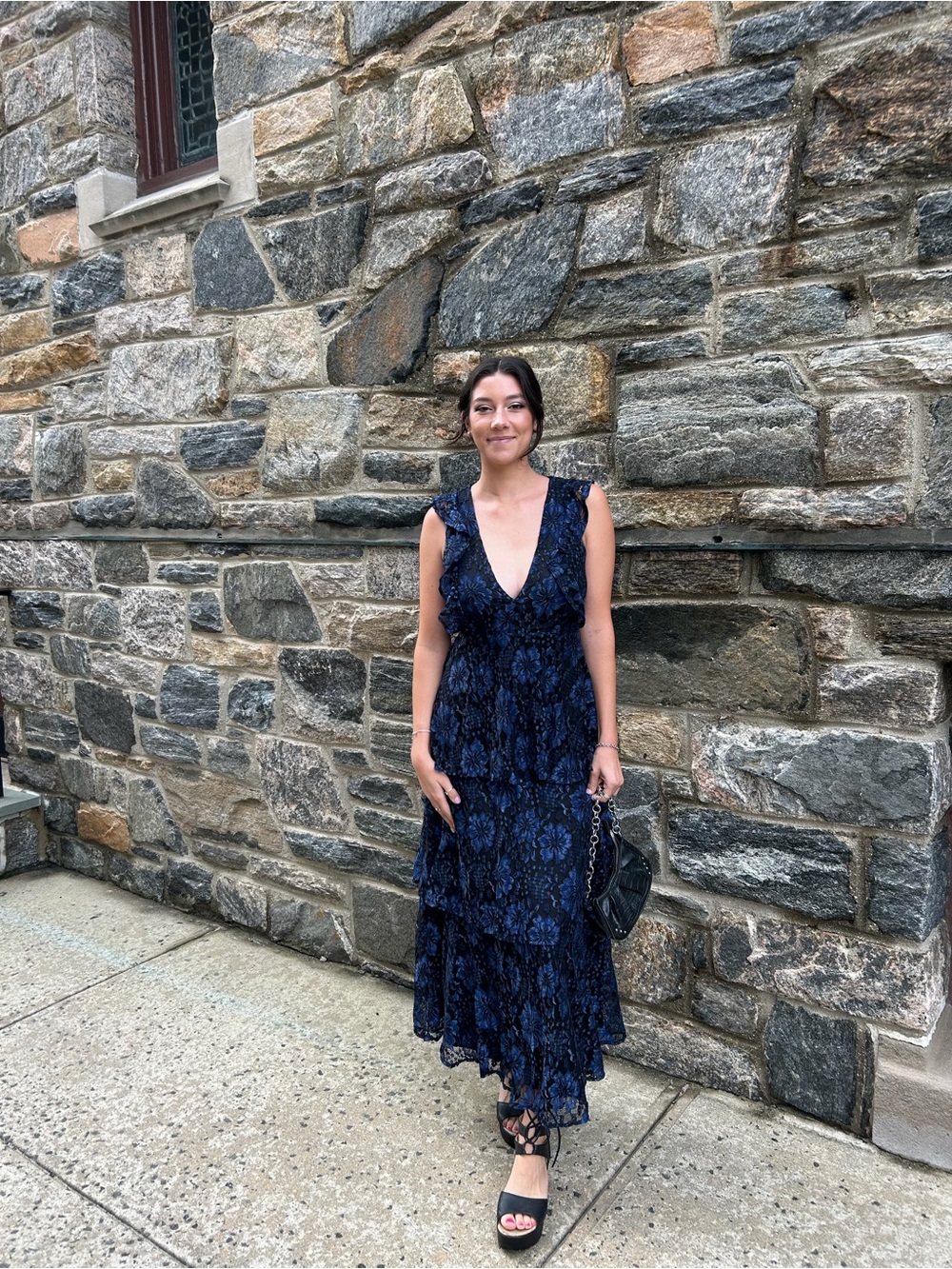 Blue and black long ruffle dress